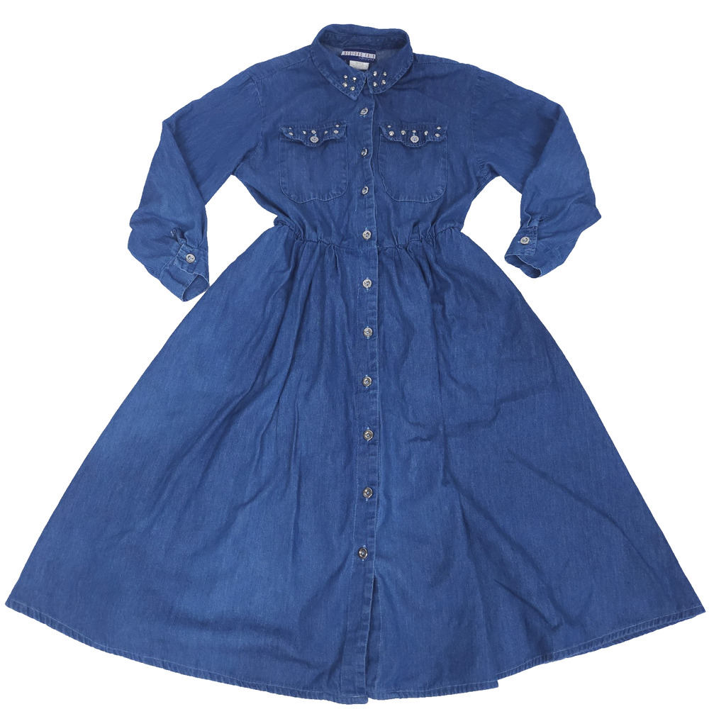 VTG Benford Fair Womens Blue Denim Midi Shirt Dress 14P Button Front Pocket